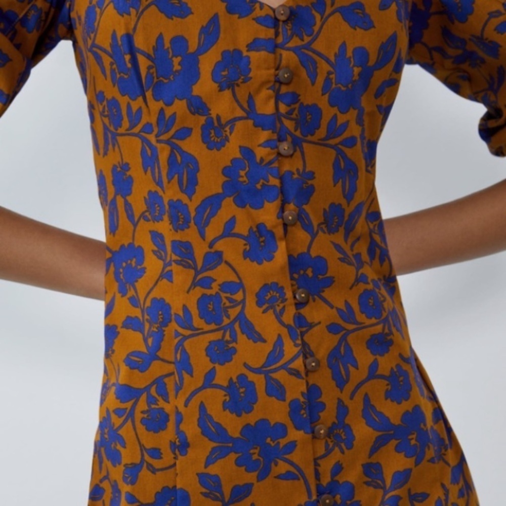NWT Zara Dress Midi Length Button Front Convertible Duster Dress Brown Blue XS - Picture 16 of 16